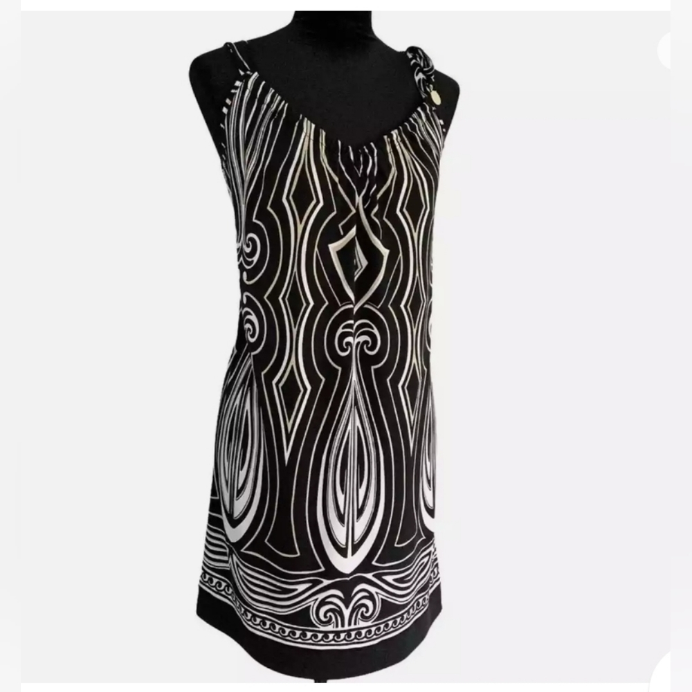 WHITE HOUSE BLACK MARKET Black White Beige Art Deco Sleeveless Shift Dress XL